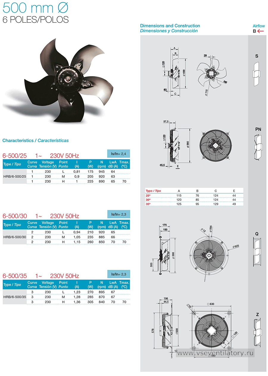 Технические характеристики вентилятора Soler&Palau HR-500-mm-6-poles-230v