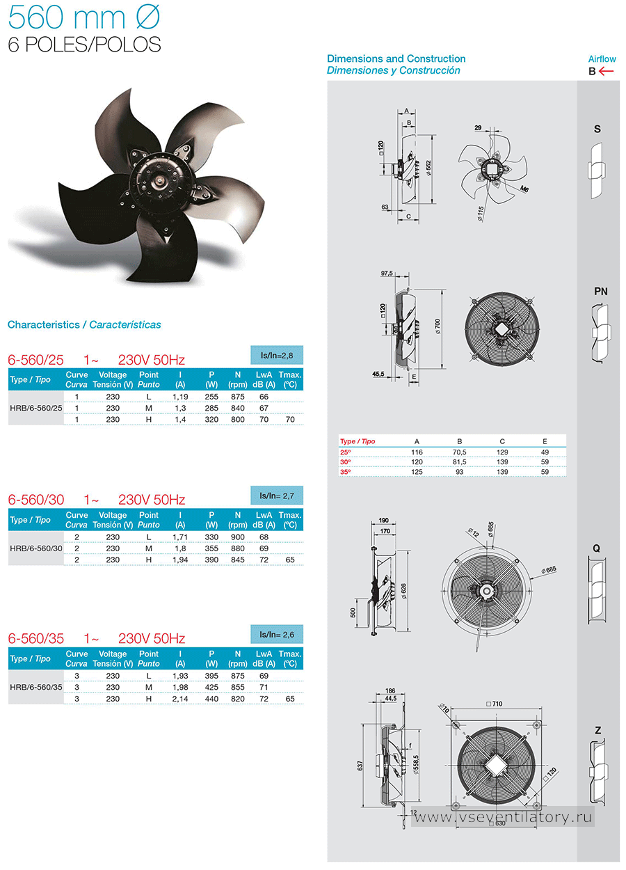 Технические характеристики вентилятора Soler&Palau HR-560-mm-6-poles-230v