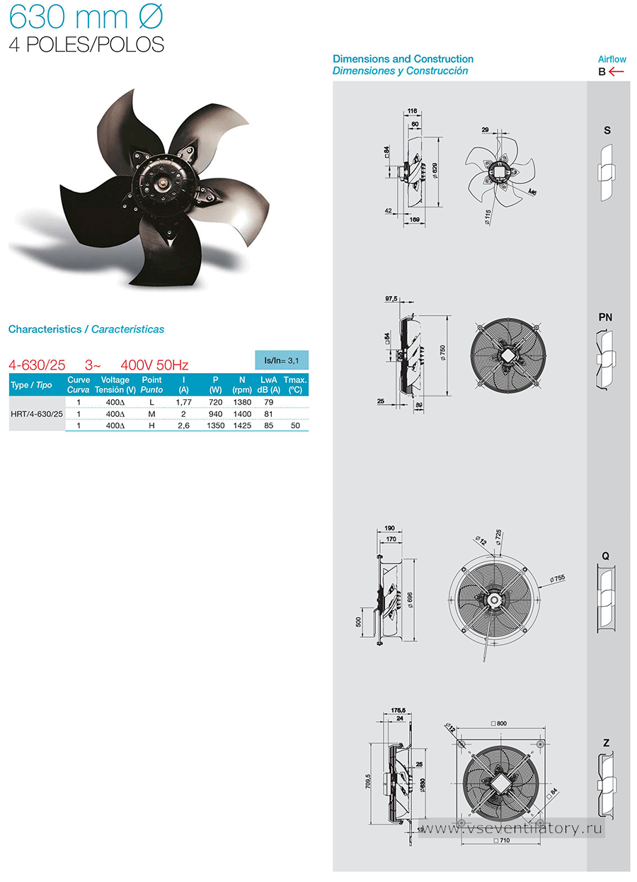 Технические характеристики вентилятора Soler&Palau HR-630-mm-4-poles-400v