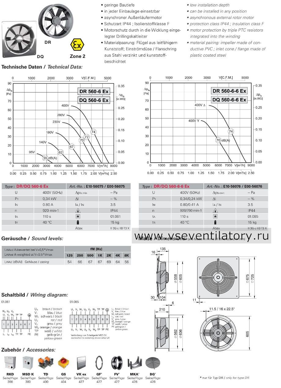 Rosenberg-Розенберг DQ 560-6 Ex (II 3G c IIB T3 X) каталог, схема, маркировка, размеры, чертеж, технические характеристики, воздушный поток